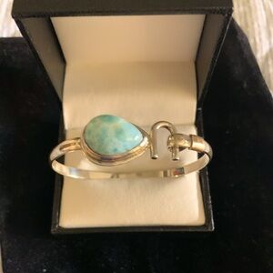 14k and 925 with Blue Larimear Stone. Caribbean Hand Made Statement Bracelet